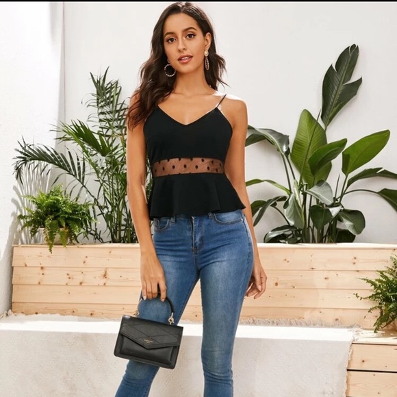 Polka Mesh Insert Peplum Cami Top Sleeveless - Picture 5 of 6